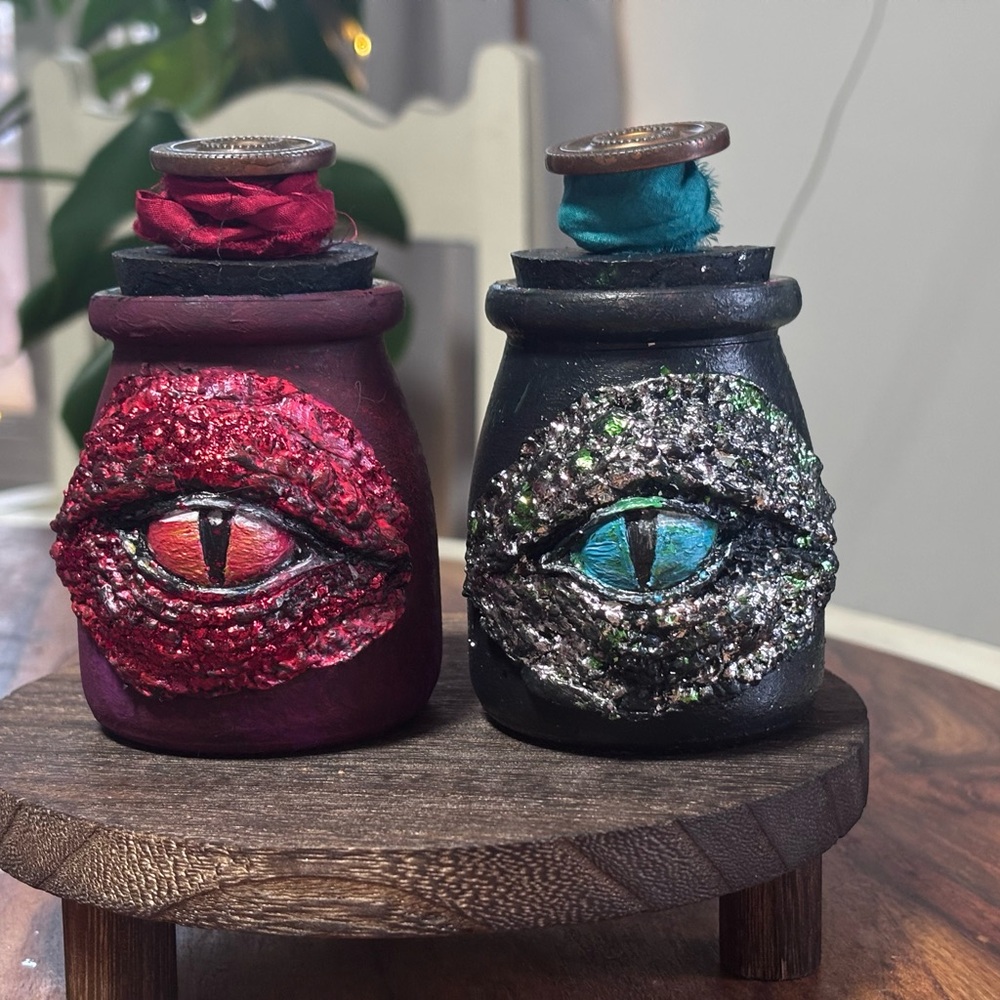 Glass Jar With Clay Dragon Eyes. Handmade Glass Art. Spice Jars. Spell Jars.